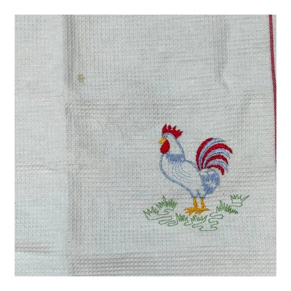 Vintage Cotton Tea Towel Embroidered Rooster Red Crochet Striped Edge Kitchen - Picture 1 of 8